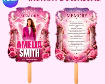 Pink Memorial Funeral Fan Template, Editable Celebration of Life Paddle Fan, In Loving Memory Handheld Tribute, Canva Template