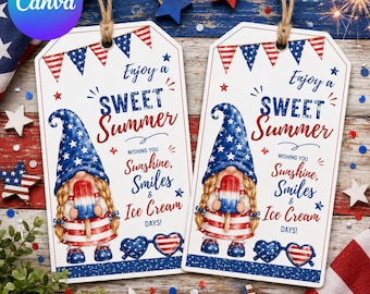 4th of July Gift Tag Template, Patriotic Summer Treat Tag, Gnome Favor Tag, Printable Party Tag, Editable Canva Template, Instant Download