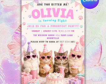 Kitten Cat Birthday Invitation Bundle, Editable Printable Canva Template, Digital Download