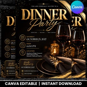 Puede incluir: Una plantilla de invitación para una cena en negro y dorado con el texto DINNER PARTY, fecha 25 de octubre de 2027, hora 6:00 PM y ubicación Hawthorne Ridge Vineyard. El diseño incluye copas de vino, servilletas negras con anillos dorados y velas.