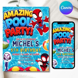 Może przedstawiać: Kolorowe zaproszenie na przyjęcie przy basenie z postaciami Spider-Mana. Projekt zawiera tekst "Amazing Pool Party!" oraz szczegóły dotyczące 5. urodzin Michela, z datą, godziną i informacjami RSVP. Pasujący projekt jest wyświetlany na smartfonie.