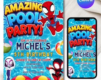 Spidey Friends Pool Party Invitation, Superhero Birthday Editable Template (Instant Download)