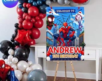Spidey and Friends Welcome Sign, Superhero Birthday Party Sign, Spiderman Birthday Poster, Boy Birthday Party Decor, Digital Download