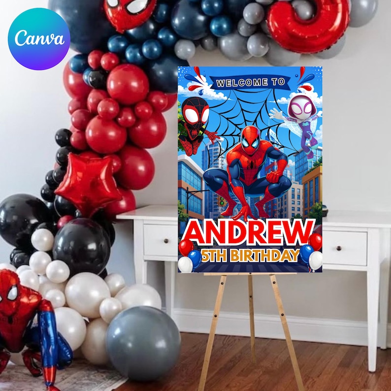 Spidey and Friends Welcome Sign, Superhero Birthday Party Sign, Spiderman Birthday Poster, Boy Birthday Party Decor, Digital Download