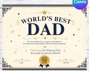 Editable Dad Certificate, Father's Day Award (Instant Download)