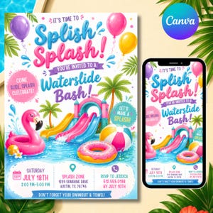 Water Slide Birthday Invitation, Summer Backyard Party Invite, Editable Kids Birthday Canva Template, Digital Download