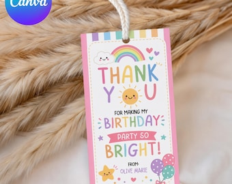 Rainbow Birthday Thank You Tag, Birthday Favor Tag, Thank You for Celebrating, Editable Canva Template, Digital Download