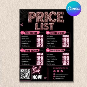 May include: A black price list template featuring the text PRICE LIST in a leopard print pattern. It includes four sections with placeholder service names and prices, a QR code, the text Book NOW!, and a section for contact information with social icons.