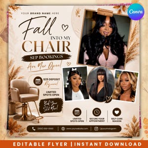 May include: A promotional flyer featuring the text Fall Into My Chair Sep Bookings Are Now Open, a beige salon chair, and three photographs of individuals with different hairstyles. The design includes autumn leaf graphics and contact details.