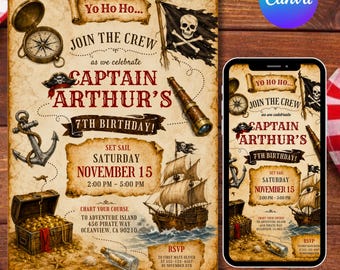 Editable Pirate Map Birthday Invitation, Kids Pirate Party Invite, Ahoy Mateys Birthday Invitation, Printable Digital Canva Template