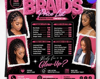 Braids Price List Template, Hair Braiding Pricing Guide, Instagram Flyer (Canva Download)