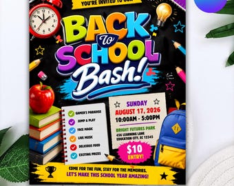 Editable Back to School Bash Flyer Template | Back to School Party Invitation | School Event Flyer | Community Celebration Poster | DIY text