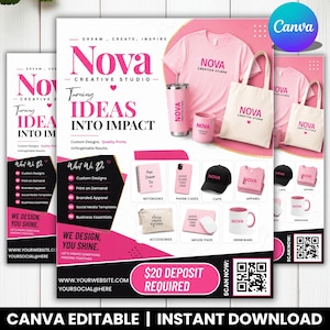 May include: A promotional flyer for Nova Creative Studio featuring a pink t-shirt, a beige tote bag, a pink tumbler, and a pink mug. The flyer displays various branded items including notebooks, phone cases, caps, apparel, accessories, mouse pads, and drinkware, along with a QR code and the text Nova Creative Studio Turning Ideas Into Impact.