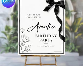 Black Bow Birthday Welcome Sign Template, Any Age Birthday Sign, Coquette Bow Welcome Sign, Minimalist Birthday Decor