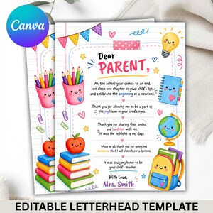 Puede incluir: Una plantilla de membrete editable con un diseño escolar ilustrado con un portalápices, libros apilados, una manzana, una bombilla, un globo terráqueo y una mochila. El texto dice Dear Parent, con un mensaje de Mrs. Smith.