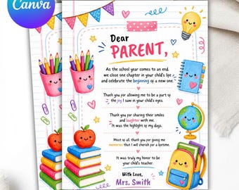 Editable End of School Year Letter to Parents, Teacher Gift, Last Day of School Card, Parent Teacher Printable