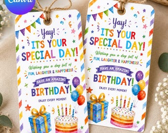 Hip Hip Hooray Birthday Treat Tag, Kids Party Favor Label (Editable PDF)