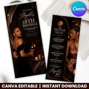 Puede incluir: Dos tarjetas rectangulares verticales de invitación y menú con un esquema de color negro y dorado. La tarjeta izquierda muestra a una persona con vestido negro y el texto Angela's 28th Birthday. La derecha detalla un menú con letras doradas.