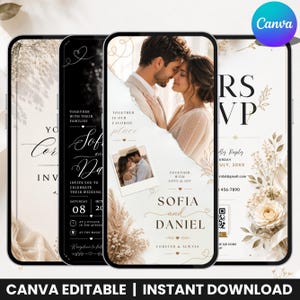 Könnte beinhalten: Vier Smartphone-Bildschirme mit bearbeitbaren Hochzeitseinladungsvorlagen, floralen Akzenten, einem Paarfoto und Texten wie "Sofia and Daniel", "Together is our favorite place" und "RSVP". Die Designs haben cremefarbene und schwarze Hintergründe.