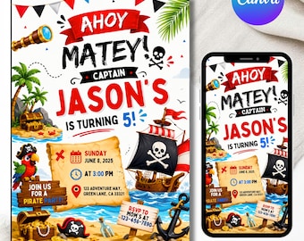 Pirate Birthday Invitation, Kids Pirate Party Invite, Ahoy Matey Birthday Invitation, Boy Pirate Invitation, Editable Canva Template
