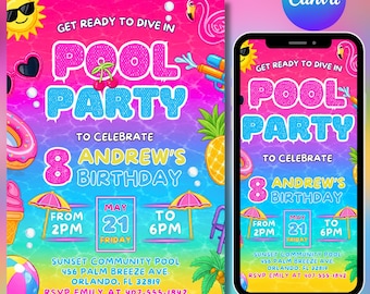 Kids Pool Party Invitation, Editable Summer Birthday Flyer (Digital Download)