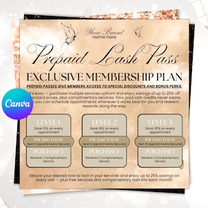 Förbetalt Lash Pass-medlemskapsplan, lojalitetsprogram för skönhetssalong (Canva-mall)