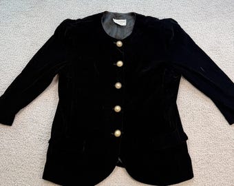 Vintage 90s Jessica Howard Black Velvet Pearl Gold Button Petite Blazer Jacket Womens M
