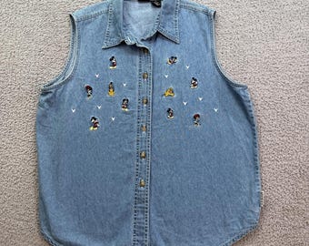 Vintage Y2K Mickey Unlimited Disney Denim Embroidered Sleeveless Button Up Shirt XL