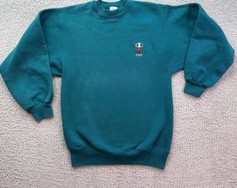 Vintage Champion USA 90s Crewneck Sweatshirt Green Embroidered Made In USA Men M