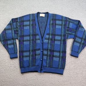Vintage Pendleton Virgin Wool Blue Plaid Cardigan Sweater Mens L Made in USA image 1