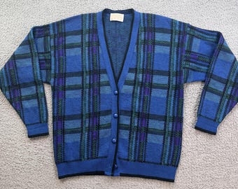 Vintage Pendleton Virgin Wool Blue Plaid Cardigan Sweater Mens L Made in USA