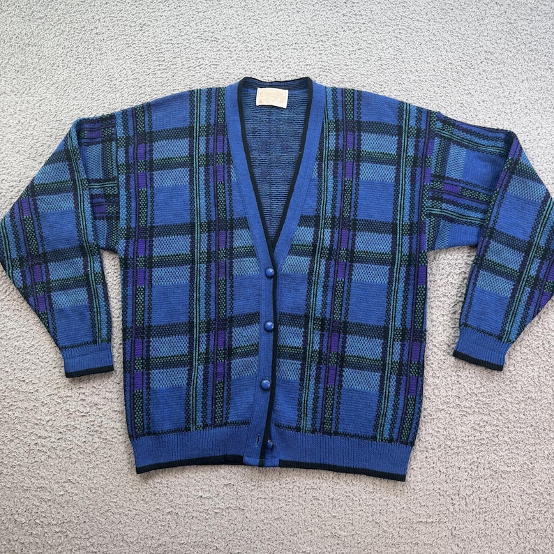 Vintage Pendleton Virgin Wool Blue Plaid Cardigan Sweater Mens L Made in USA image 1