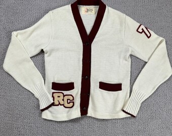 Vintage Whiting RC Varsity Cardigan Sweater Mens S Cream Burgundy Chenille Patch