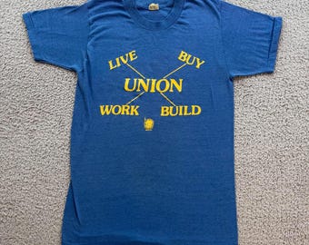 Vintage 80s AFL CIO Union T Shirt Made In USA Buy American Buy Union Blue Small