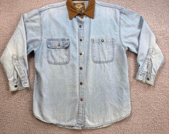 Vintage 90s Express EXP Jeans Denim Work Shirt Corduroy Collar Made Hong Kong S