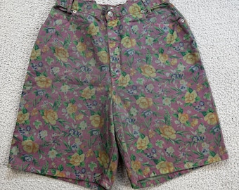 Vintage Floral Denim Shorts Women’s 14 High Waisted Y2K Summer Cottagecore Green