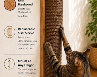 Cat Scratching Post | Wall Mounted Scratcher | Real Wood | Replaceable Sisal Rope Sleeve