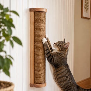 May include: A wall-mounted cat scratching post featuring a cylindrical design wrapped in thick, textured brown sisal rope. The post is secured by a light-toned wooden frame with semi-circular top and bottom caps, attached to a vertical wall.
