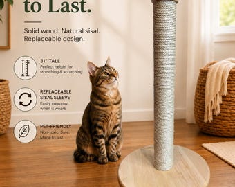Natural Sisal Cat Scratching Post | Interchangeable System | Replaceable Sisal Rope Sleeve | Heavy Solid-Wood Base