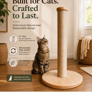 Natural Sisal Cat Scratching Post | Interchangeable System | Replaceable Sisal Rope Sleeve | Heavy Solid-Wood Base