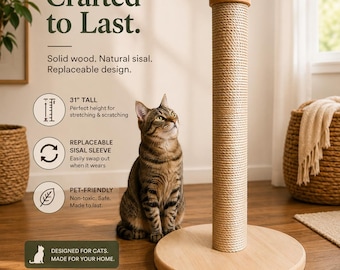 Natural Sisal Cat Scratching Post | Interchangeable System | Replaceable Sisal Rope Sleeve | Heavy Solid-Wood Base