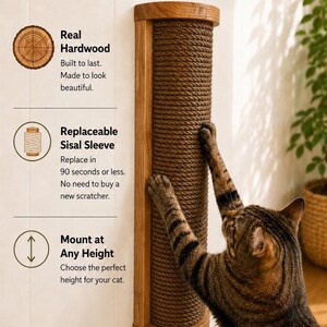 Cat Scratching Post | Wall Mounted Scratcher | Real Wood | Replaceable Sisal Rope Sleeve