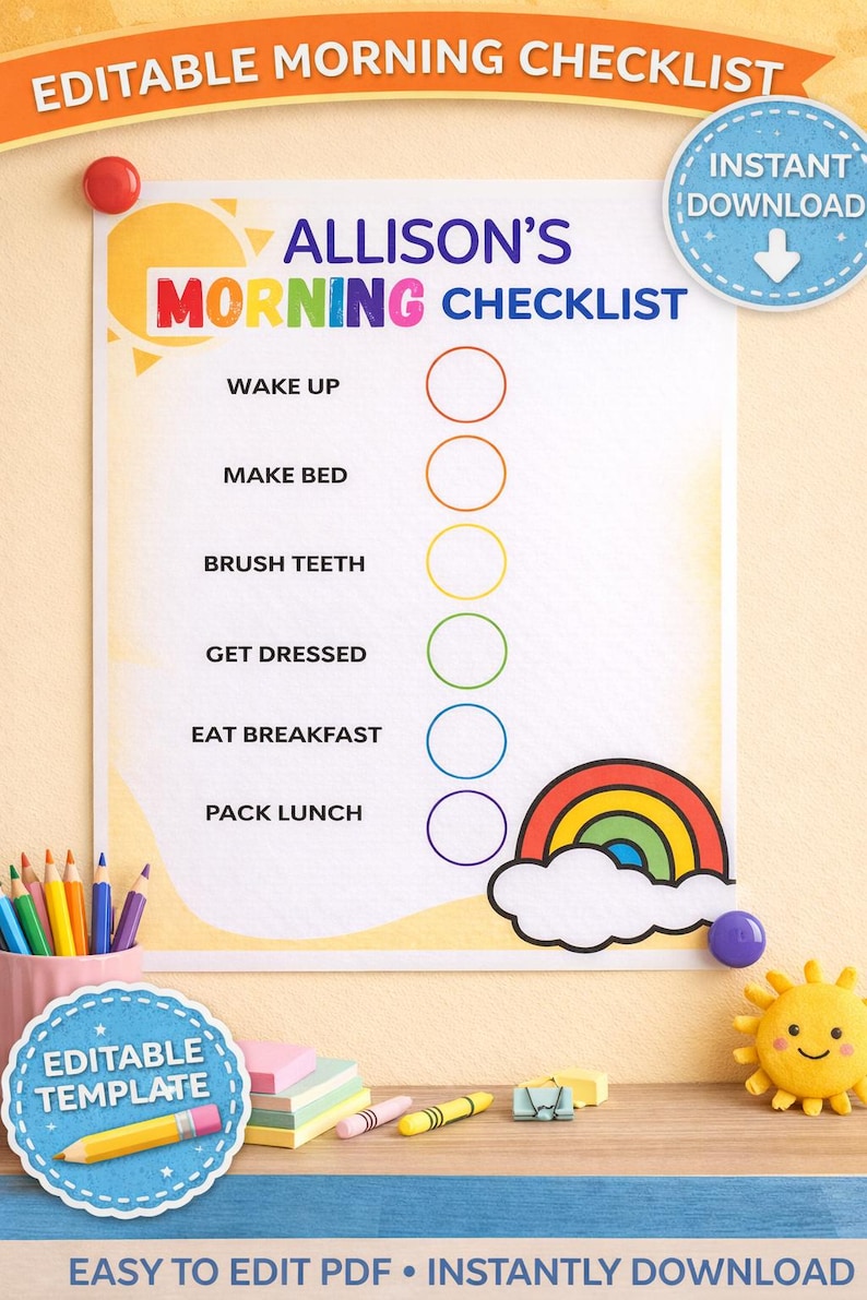 Kids Morning Checklist, Editable Routine Chart, Daily Tasks (instant