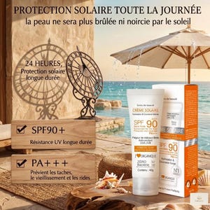 May include: A tube and box of SPF 90 sunscreen with the text "CREME SOLAIRE" and "SPF 90". The image also includes text in French, a decorative sundial, and a beach umbrella. The product is designed for sun protection.