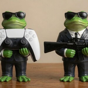 Gangster Frog-controllerstandaard, prop speelgoedgeweer, displaykunst standbeeld, handgeschilderde PS5 DualSense-houder, gaming setup bureau decor, aangepast cadeau