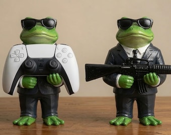 ギャングスターフロッグ コントローラースタンド、おもちゃの銃、ディスプレイアート像、手描きのPS5 DualSenseホルダー、ゲーミングセットアップデスク装飾、カスタムギフト