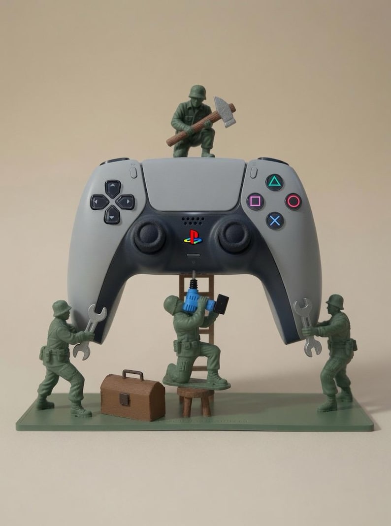 Puede incluir: Un soporte para mando de videojuegos gris y negro con cuatro soldados de juguete de pl&aacute;stico verde. Un soldado est&aacute; sentado encima con un martillo, dos sostienen llaves inglesas a los lados y uno en una escalera usa un taladro azul.
