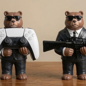 Gangster Bear Controller Stand, Miniature Tommy Gun Prop, Custom Hand Painted Figure, Gaming Setup Desk Decor, Gamer Gift Display Art