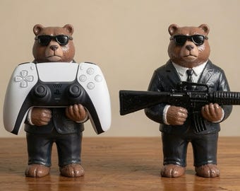 Soporte para controlador Gangster Bear, réplica de ametralladora Tommy en miniatura, figura pintada a mano a medida, decoración de escritorio para configuración de juegos, arte de exhibición para regalos de gamers