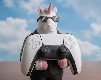 ギャングスターユニコーンコントローラースタンド、おもちゃの銃、ディスプレイアート像、手描きのPS5 DualSenseホルダー、ゲーミングセットアップデスク装飾